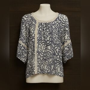 Zac & Rachel Boho Lace-Trim Black & White Blouse Size Large Relaxed Sleeves